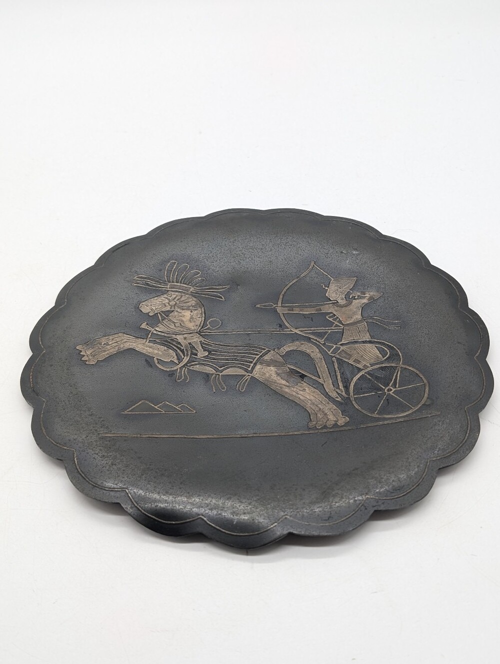 Vintage Mid-Century Egyptian Mixed Metal Wall Plate - Pharaoh Chariot Pyramids